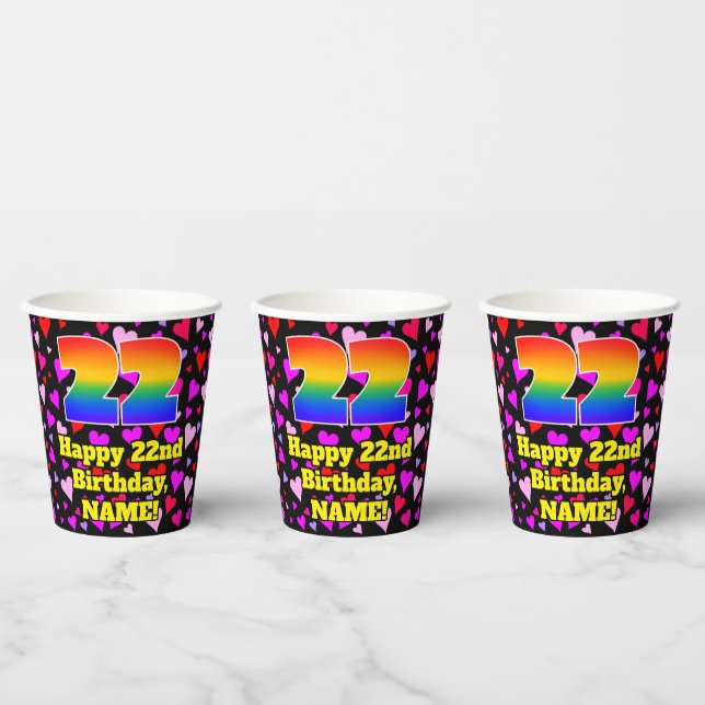 22. Geburtstag: Loving Hearts Pattern, Regenbogen  Pappbecher (Multi)