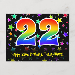 22. Geburtstag: Lustiges Sterne-Muster, Regenbogen Postkarte