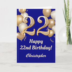 22. Geburtstag Navy Blue und Gold Balloons Confett Karte