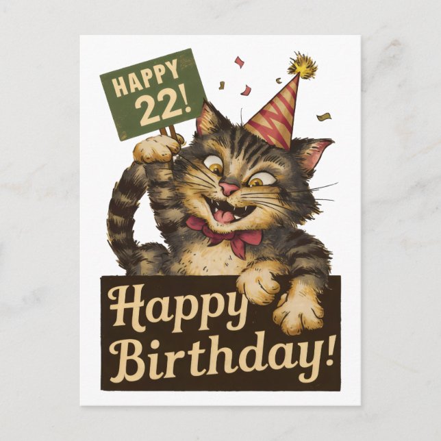 22. Geburtstag niedliche lustige Katze Vintag Postkarte (Vorderseite)