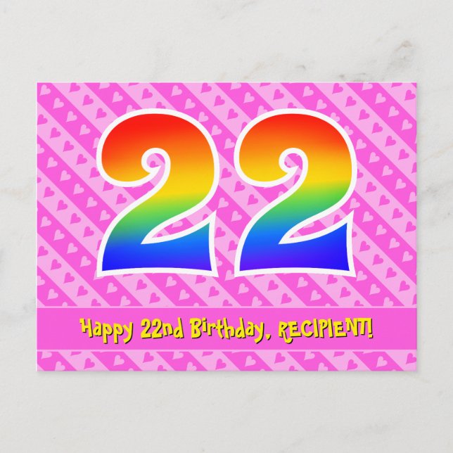 22. Geburtstag: Rosa Streifen & Herz, Regenbogen 2 Postkarte (Vorderseite)
