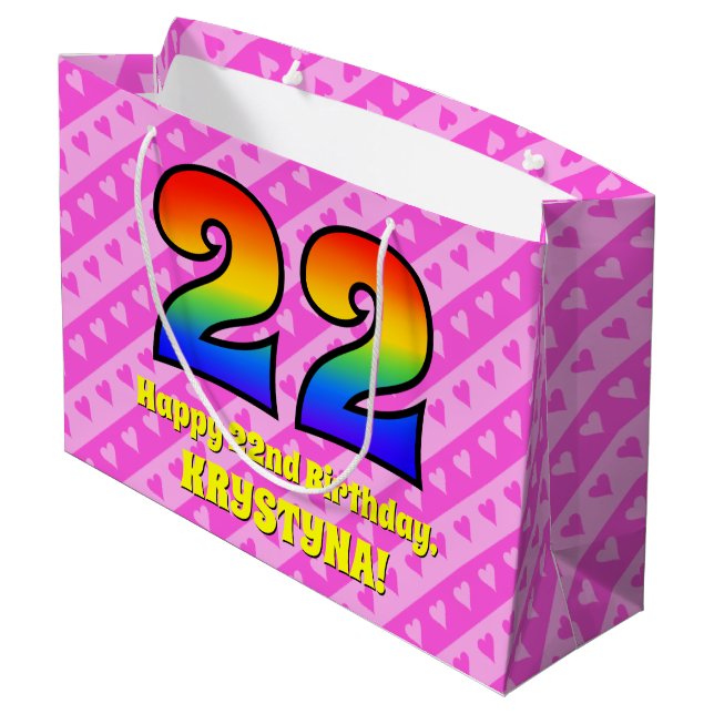 22. Geburtstag: Rosa Streifen & Herz, Regenbogen # Große Geschenktüte (Rückseite Schrägansicht)