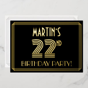 22. Geburtstagsparty — Art Deco Stil "22" + Name Folieneinladung