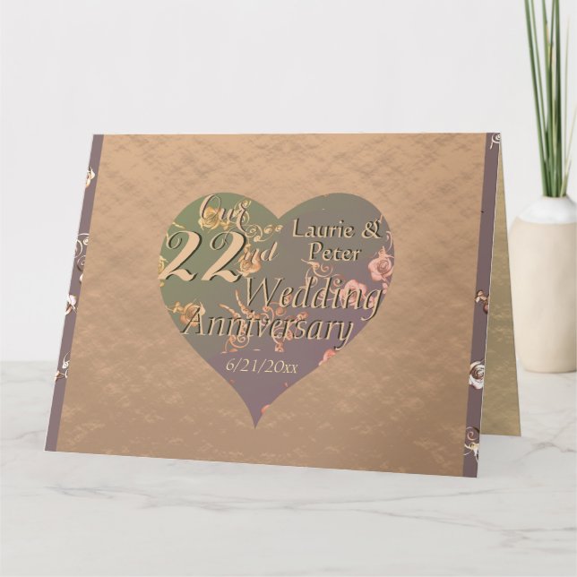 22. Hochzeitstag - Coppery Heart Rose Karte (Vorderseite)