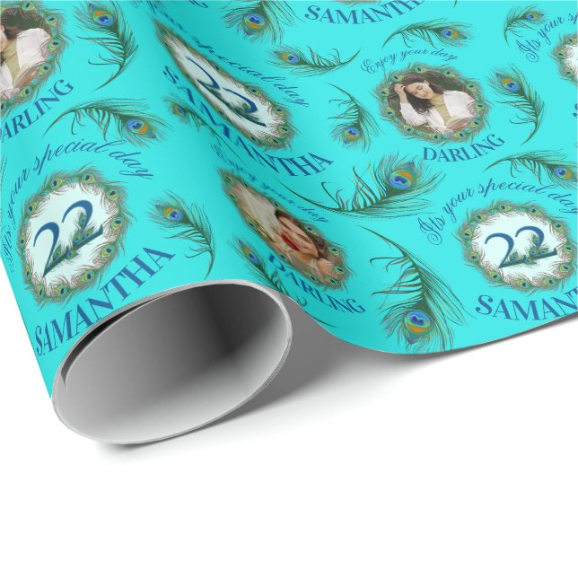 22 Peacock Feather Fully Editable Custom Photo Geschenkpapier (Rolleneckpunkt)