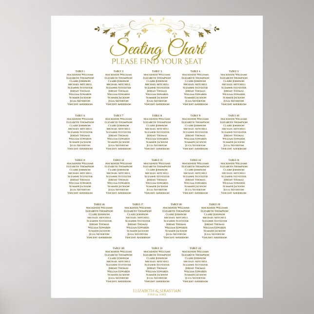 22 schlichte Gold White Wedding Seating Chart Poster (Vorne)