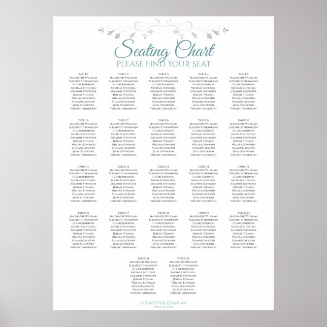 22 Tabelle Aquamarin & grau Hochzeitstabelle Poster (Vorne)