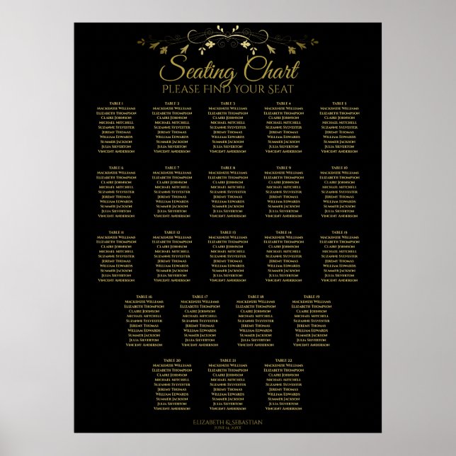22 Tabelle Einfache Gold Black Wedding Seating Cha Poster (Vorne)