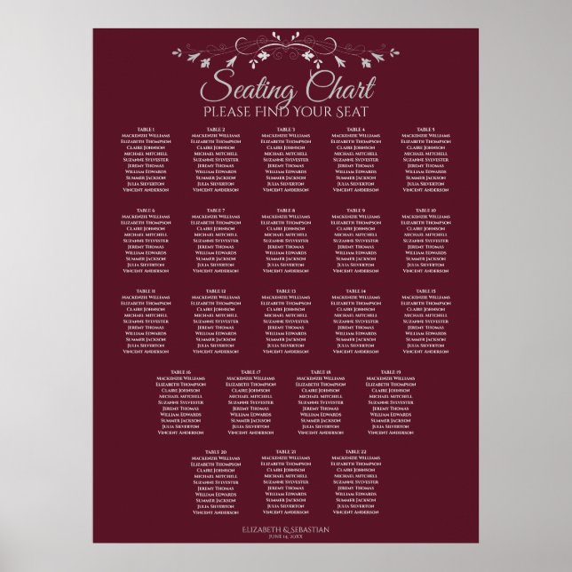 22 Tabelle Elegant Burgundy Hochzeitstabelle Poster (Vorne)