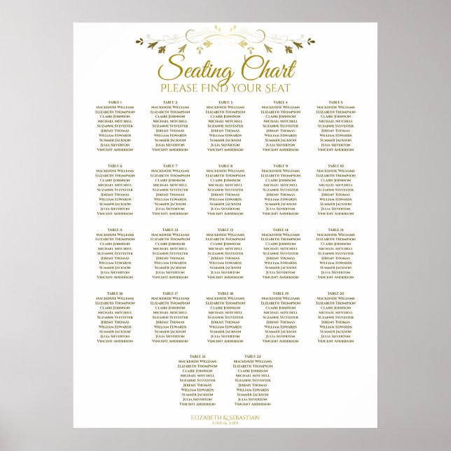 22 Tabelle Elegant Gold Wedding Seating Chart Poster (Vorne)