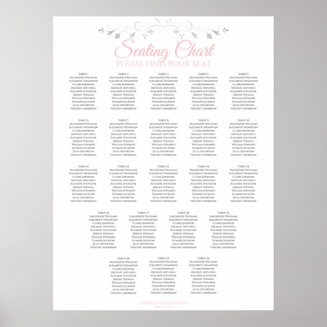 22 Tabelle Elegante Rosa & Gray Hochzeitsskala Poster (Vorne)