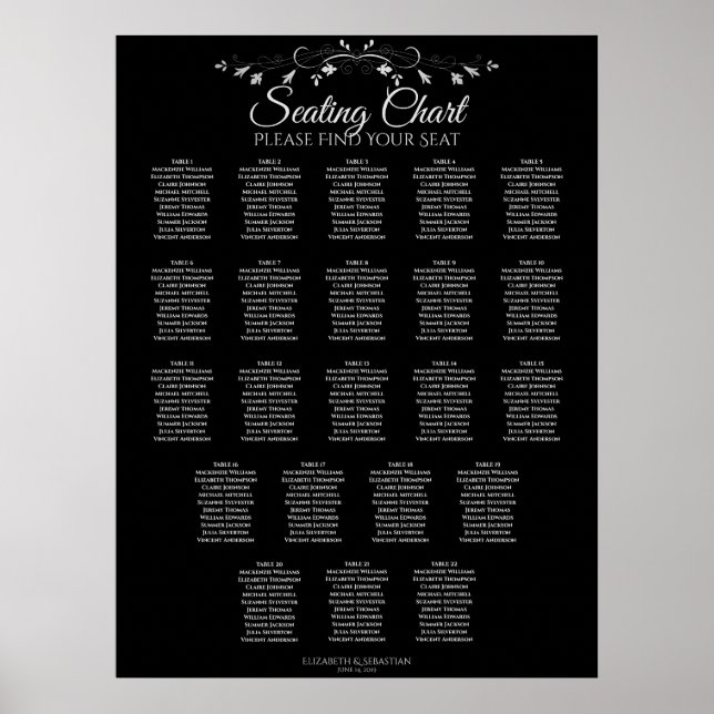 22 Tabelle Elegante schwarze Hochzeitssattelkarte Poster (Vorne)