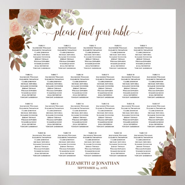 22 Tabelle Herbst Blumenchic Hochzeitstabelle Poster (Vorne)