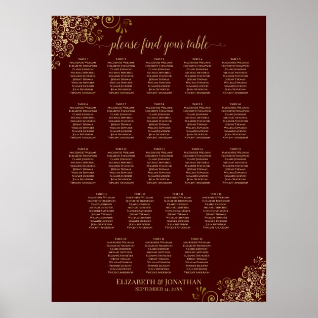 22 Tabelle Hochzeitskarte Auburn & Gold Lace Poster (Vorne)