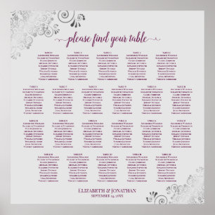 22 Tabelle Lacy Cassis & Gray Wedding Seating Char Poster
