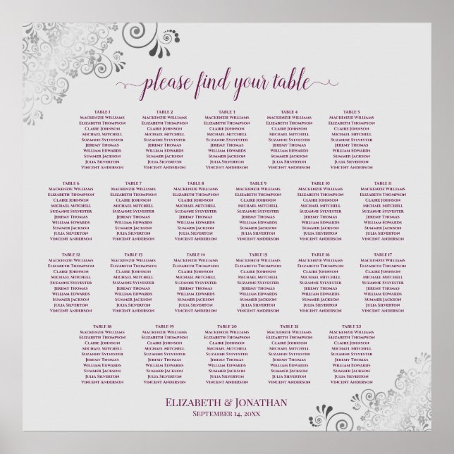 22 Tabelle Lacy Cassis & Gray Wedding Seating Char Poster (Vorne)