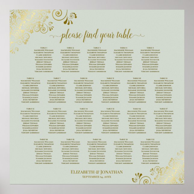 22 Tabelle Lacy Gold auf Sage Wedding Seating Char Poster (Vorne)