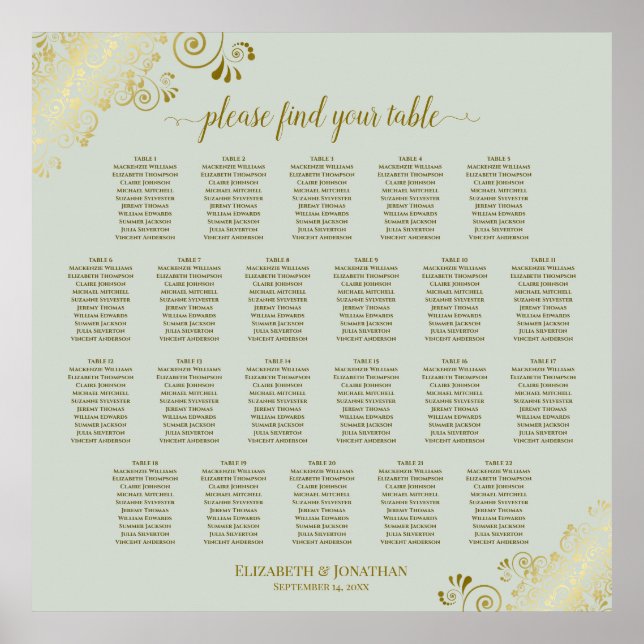 22 Tabelle Lacy Gold auf Sage Wedding Seating Char Poster (Vorne)
