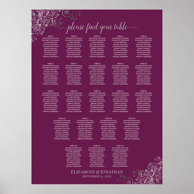 22 Tabelle Seating Chart Cassis Lila Gray Poster (Vorne)
