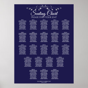 22 Table Elegant Navy Blue Wedding Seating Chart Poster