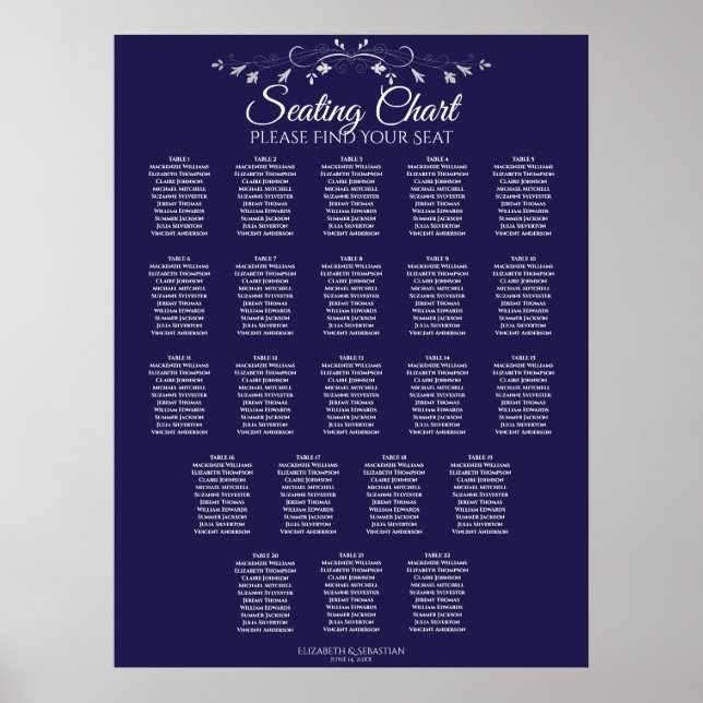 22 Table Elegant Navy Blue Wedding Seating Chart Poster (Vorne)