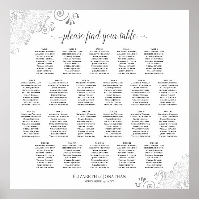 22 Tafellacy Silver White Wedding Seating Chart Poster (Vorne)