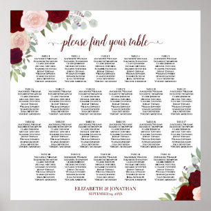 22-Tisch-Rot- und Rosa-Blumen-Hochzeits-Sitzplan Poster
