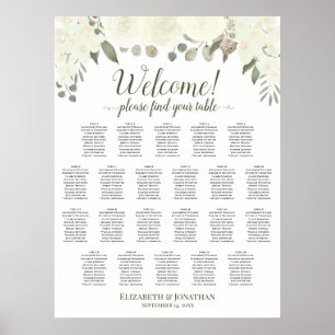22 Tische Weiße & Elfenbein Rosen Hochzeits-Sitzpl Poster