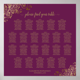 22 Tischlacy Gold auf Cassis Wedding Seating Chart Poster