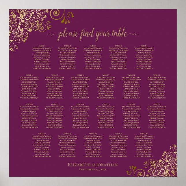 22 Tischlacy Gold auf Cassis Wedding Seating Chart Poster (Vorne)