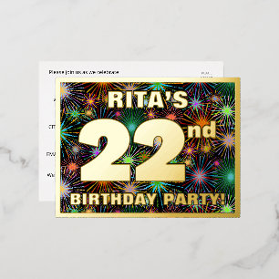 22nd Birthday Party: Bold, Colorful Fireworks Look Folie Einladungspostkarte