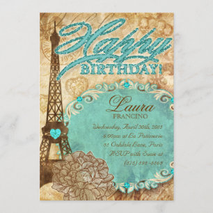 232 Sweet 16 Paris Eiffelturm Vintage Blume Blu Einladung
