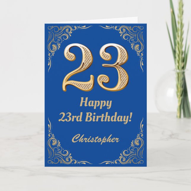 23. Geburtstag Blue and Gold Glitzer Frame Karte (Vorderseite)