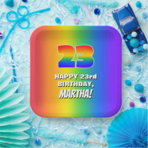 23. Geburtstag: Farbiges, lustiges Regenbogenmuste Pappteller