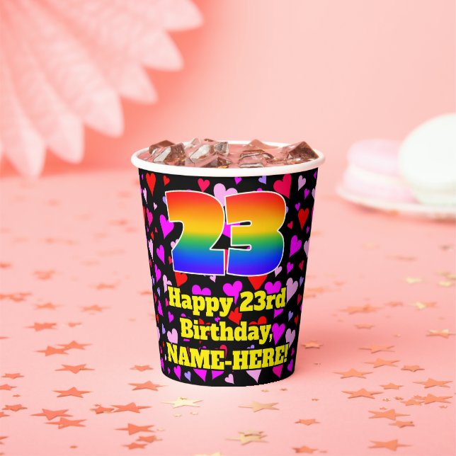 23. Geburtstag: Loving Hearts Pattern, Regenbogen  Pappbecher (Insitu)