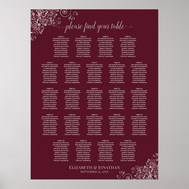 23 Tabelle Burgundy & Silver Wedding Seating Chart Poster (Vorne)