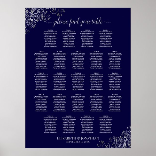 23 Tabelle Hochzeitskarte Navy Blue & Silver Poster (Vorne)