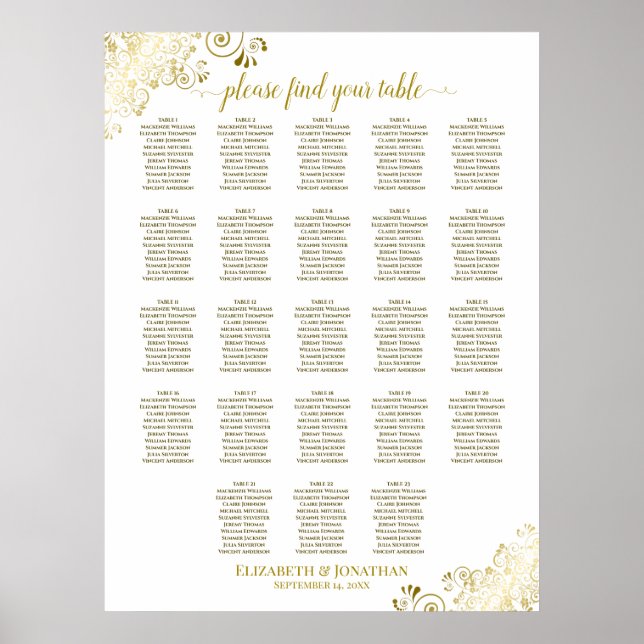 23 Tabelle White & Gold Frills Hochzeitsdiagramm Poster (Vorne)