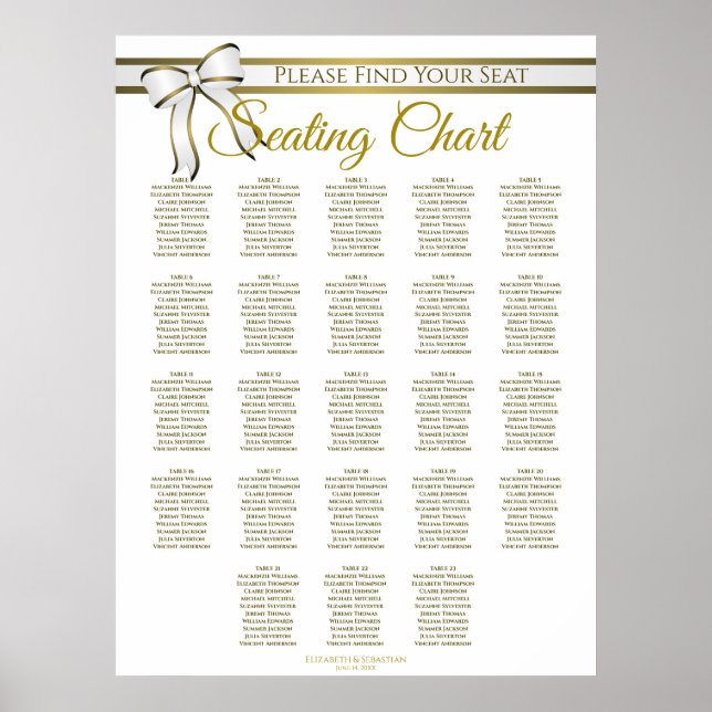 23 Tabelle White & Gold Ribbon Hochzeitstabelle Poster (Vorne)