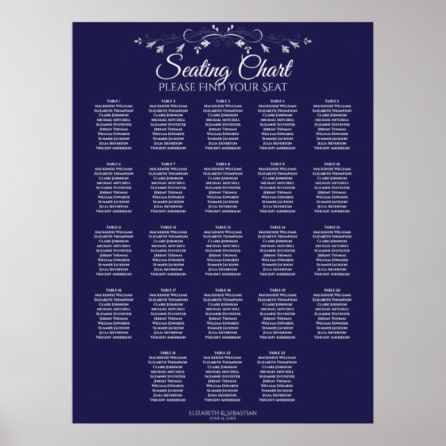 23 Table Elegant Navy Blue Wedding Seating Chart Poster (Vorne)