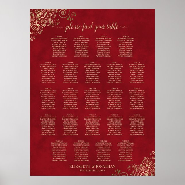 23 Table Gold Frills auf Red Wedding Seating Chart Poster (Vorne)