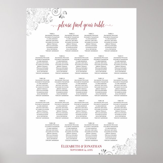 23 Tischlacy Silver Wedding Seating Chart Red Poster (Vorne)