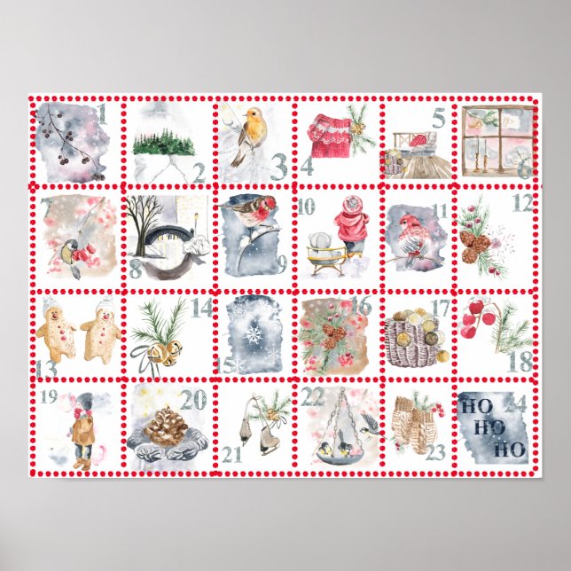 24 Adventskalender für verschiedene Aquarellbilder Poster (Vorne)