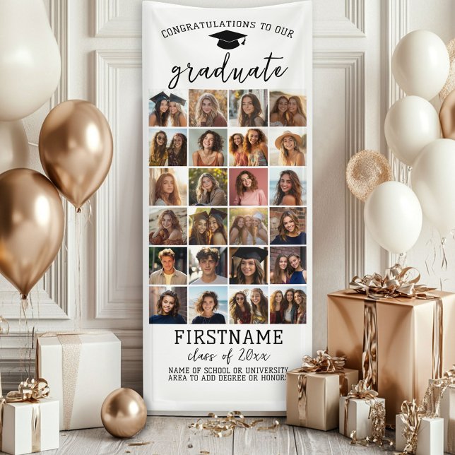 24 Foto Collage Abschluss Moderner Minimal Weiß Banner (Custom Graduation Banner - Great for a backdrop or Grad Party Decoration)