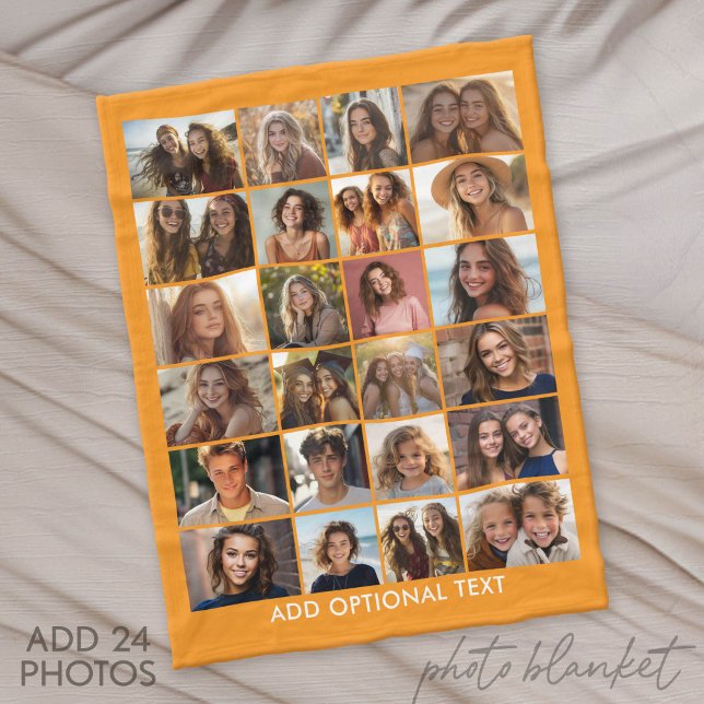 24-Foto-Collage - Benutzerdefinierter Text - Orang Fleecedecke (Custom Fleece Blanket with Photo Collage for Family and Friends)