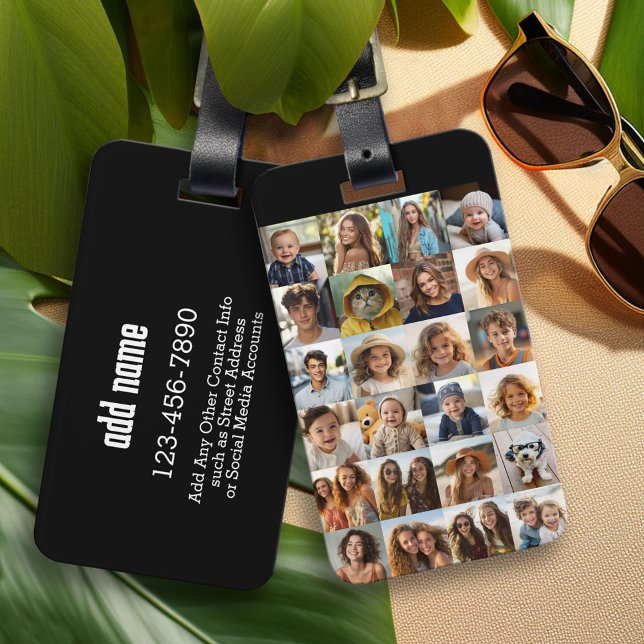 24 Foto Collage Grid - schwarz mit weißem Text Gepäckanhänger (Personalized Luggage and Bag Tag)