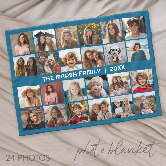 24-Foto-Collage mit Familienname Datum -  Fleecedecke (Photo Blanket - Customize with your favorite pictures)