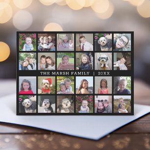 24 Foto-Collage mit Familienname Datum - schwarz Feiertagskarte