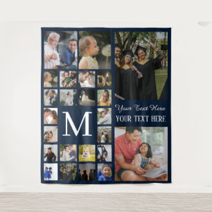 24 Foto-Familie oder Collage mit Text Navy Blue Wandteppich