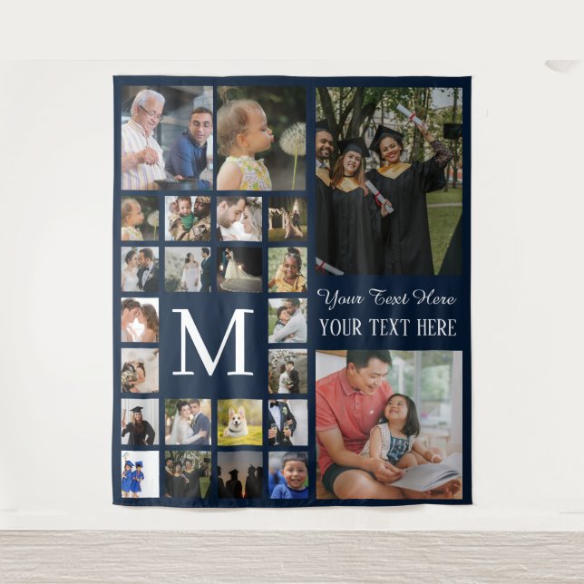 24 Foto-Familie oder Collage mit Text Navy Blue Wandteppich (Vorderseite)